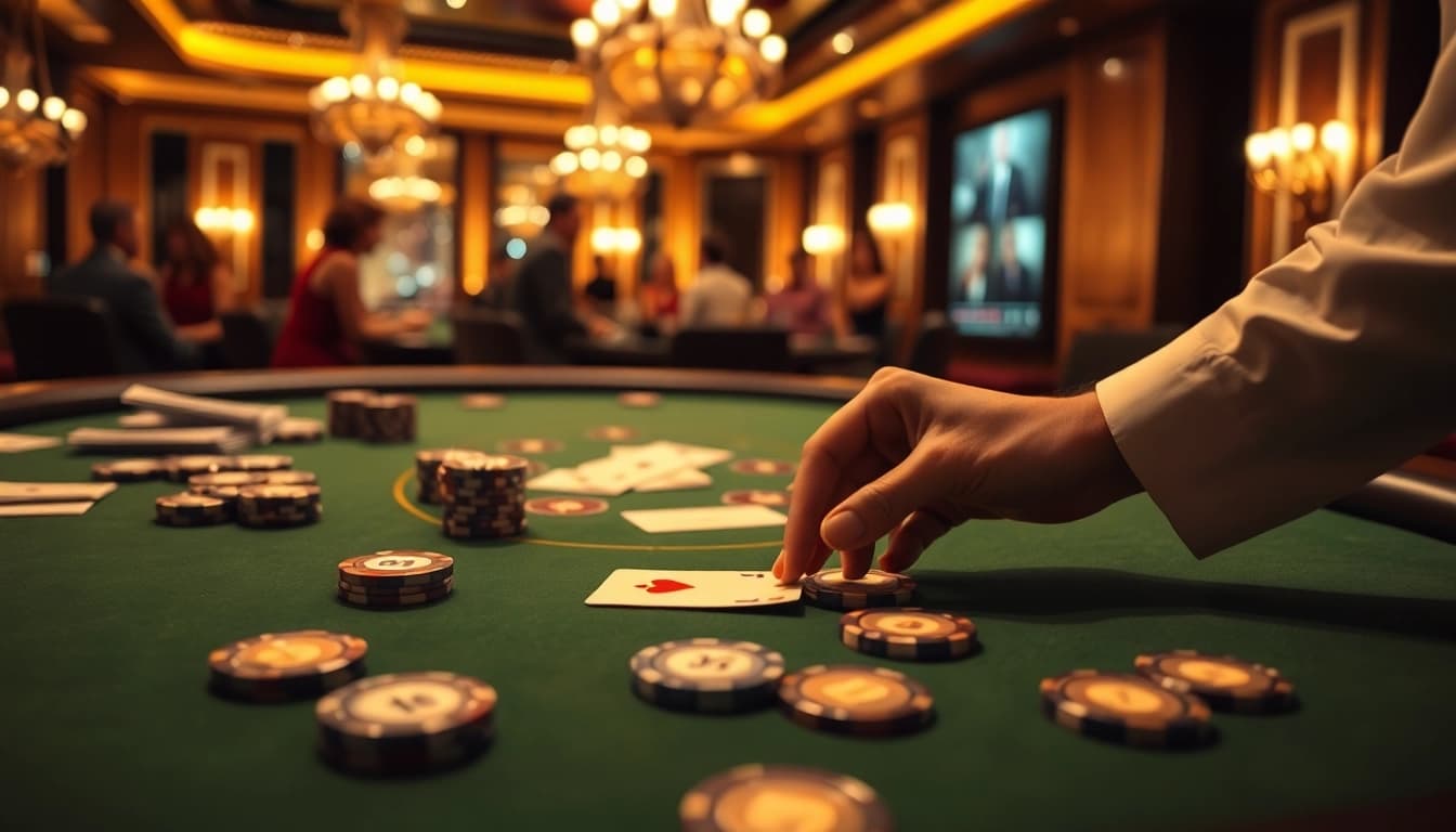 Engage in thrilling gameplay at a Blackjack Casino with vibrant chips and cards on a felt table.