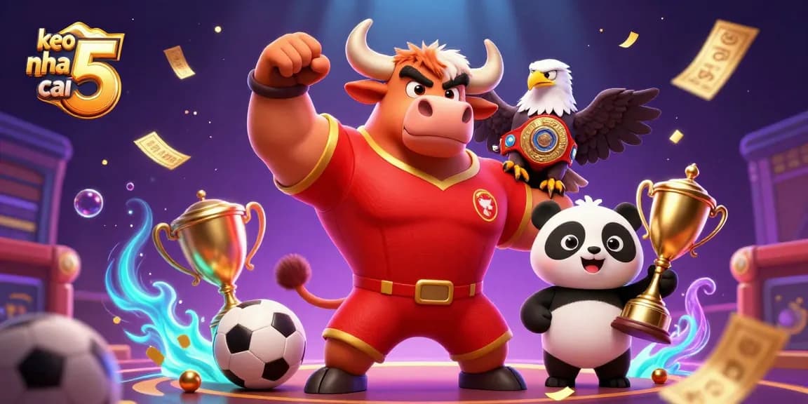 Engage in thrilling moments with keo nha cai 5 as dynamic sports betting elements surround energetic mascots.