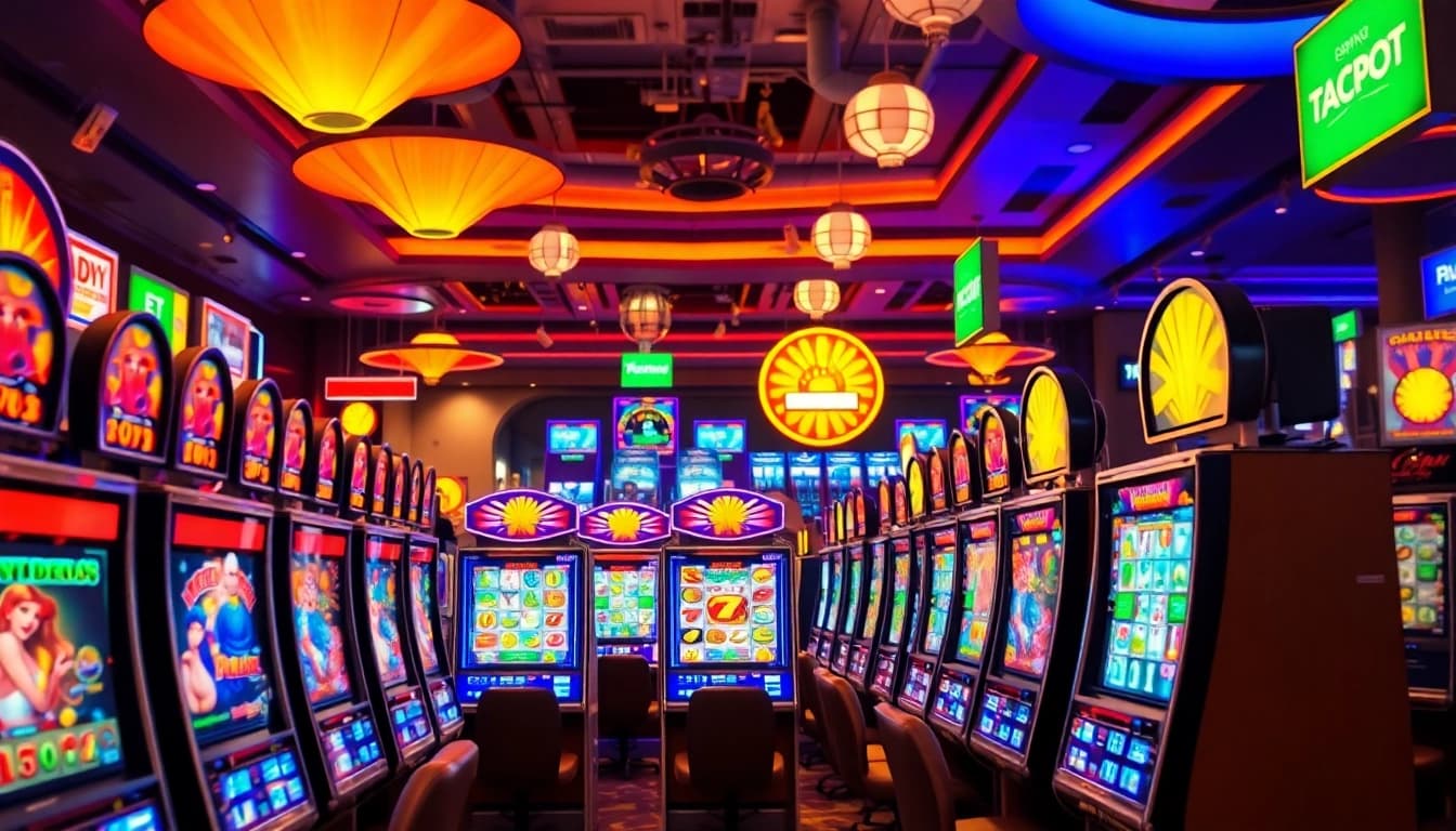 Main feature of Slot Game with colorful machines and joyful players in a casino setting.