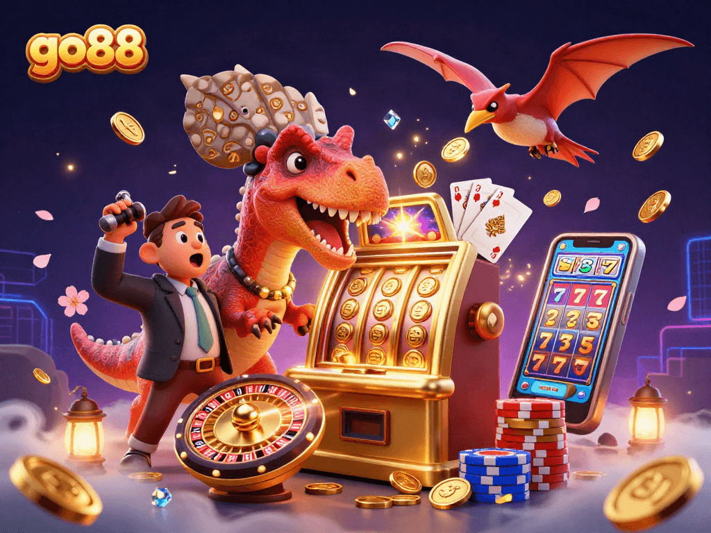 Experience thrilling excitement with go88 as a dinosaur headbutts a jackpot slot machine, coins flying everywhere!