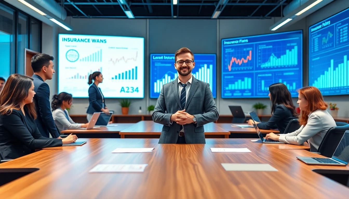 Scène professionnelle moderne avec un conseiller financier discussant les plans d’assurance-vie 79king dans un bureau élégant, mettant l’accent sur la confiance et l’innovation.