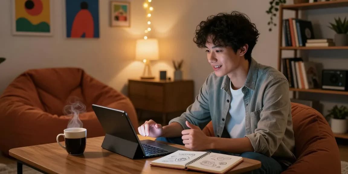Engaging NSFW AI conversation in a cozy home office with warm ambient lighting and personal touches.