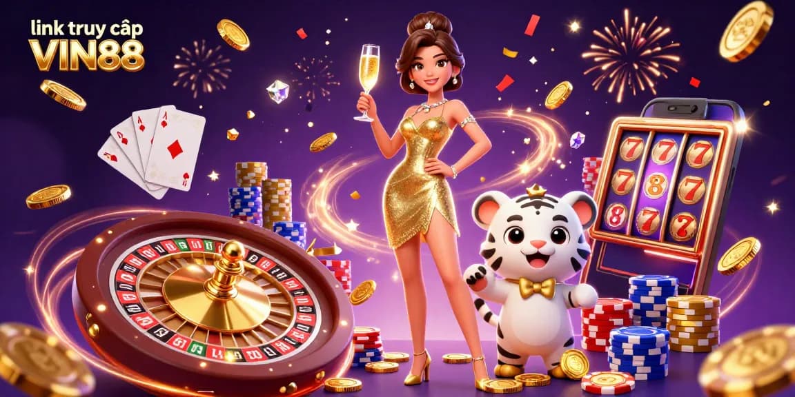Experience the excitement of link truy cập VIN88 with this vibrant casino scene featuring exclusive characters and game elements.
