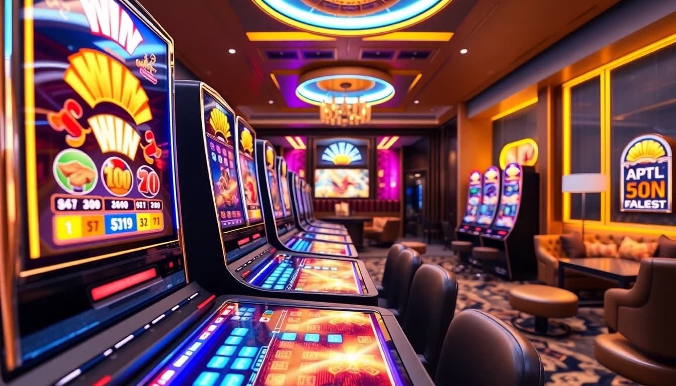 Memenangkan slot maxwin di mesin slot modern dengan pencahayaan yang cerah dan dekorasi mewah.
