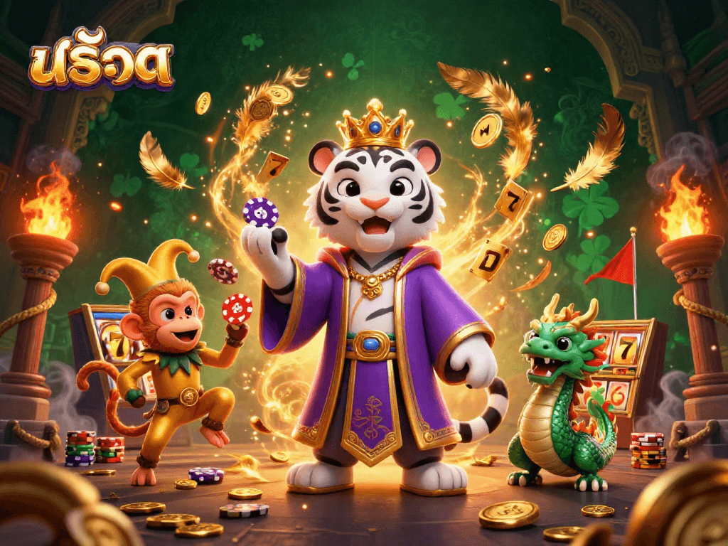 Experience thrilling สล็อต adventures with a tiger, monkey, and a jade dragon in this casino scene.