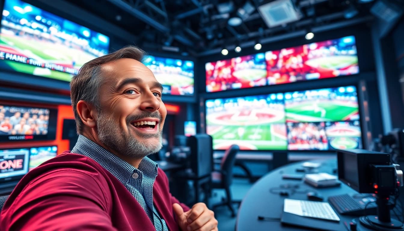 Engaging sports broadcasting commentator in a vibrant studio setup, capturing the excitement of live sports.