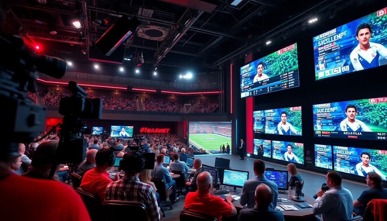 Engaging scene of sports broadcasting featuring analysts and live scores.