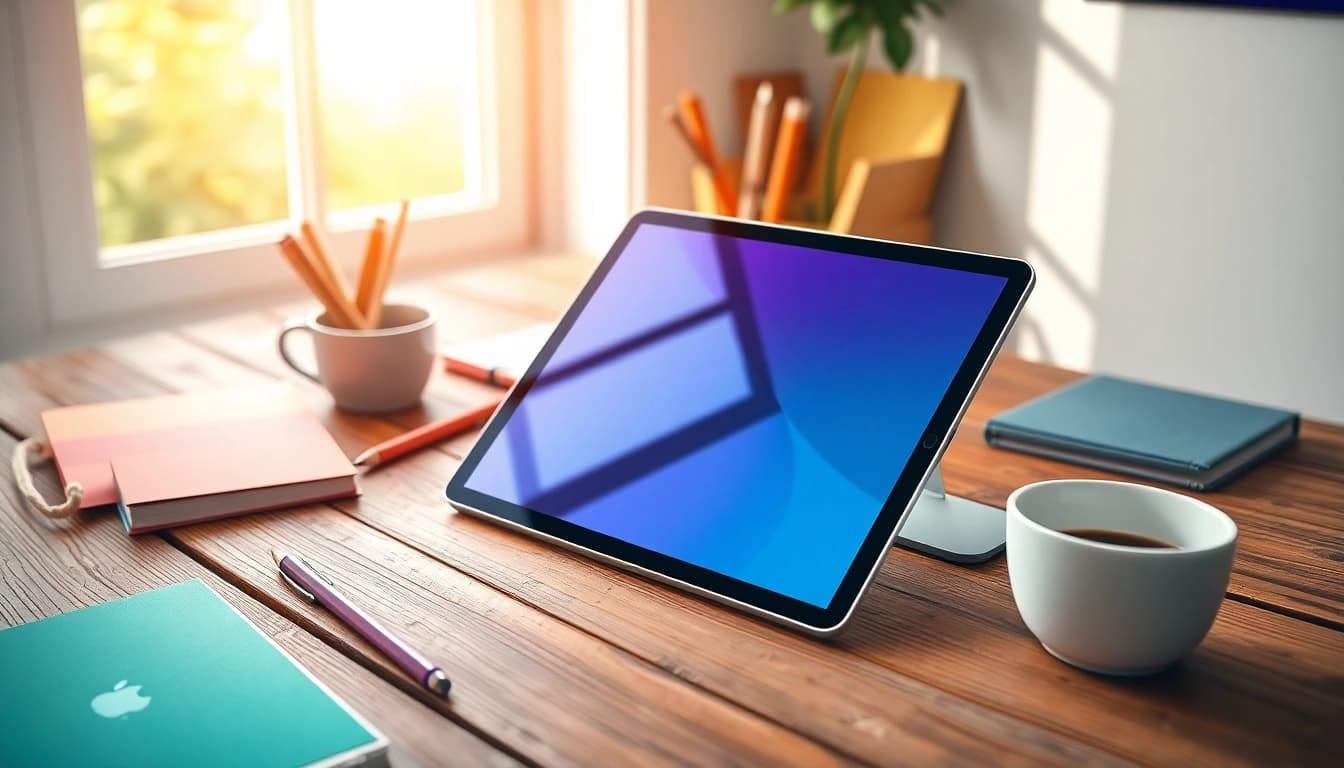 Descubre la iPad Air 5ta generación con diseño elegante y pantalla vibrante sobre un escritorio cálido.