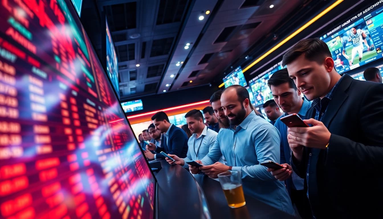 Engaged bettors analyzing options for Sports Betting in a lively modern sportsbook atmosphere.