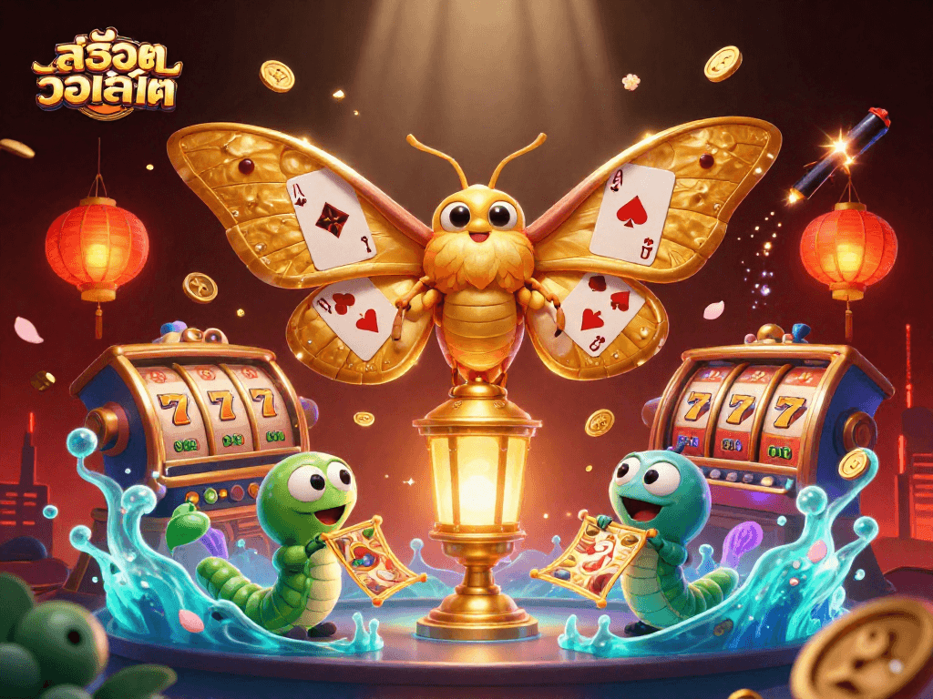 Engage with สล็อตวอเลท through an exciting depiction of a dynamic casino scene featuring a majestic moth and rich gaming elements.