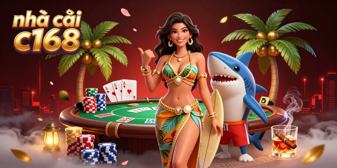 Join the excitement at nhà cái c168 with vibrant poker elements and a lively atmosphere in this dynamic digital illustration.