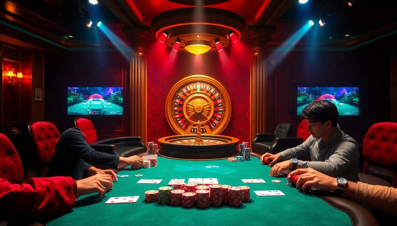 High-stakes poker game with vibrant chips and cards, echoing the excitement of 99win 03.