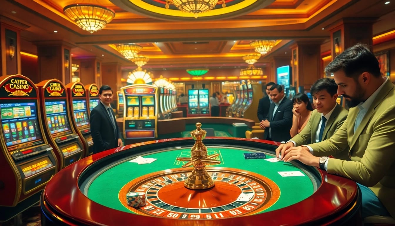 Engaging casino scene showcasing players at roulette and poker tables, highlighting https://www.vvjl11.com/ excitement.
