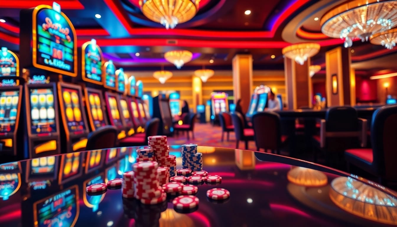 Players enjoying slot gacor machines in a luxurious casino atmosphere, filled with excitement.