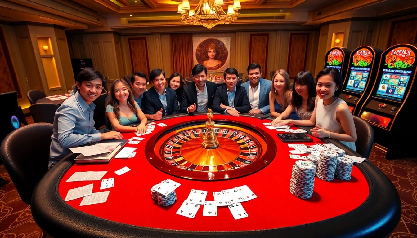 Excited gamblers at a luxury 88i casino table with roulette and poker chips.