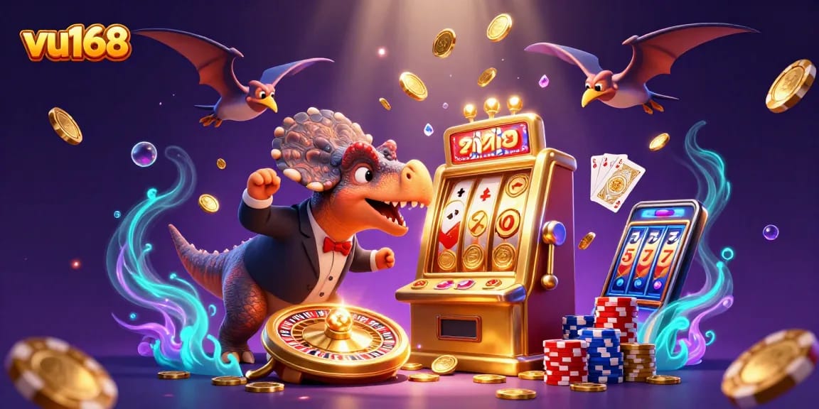 vu168 casino excitement with a dinosaur and slot machine jackpot scene