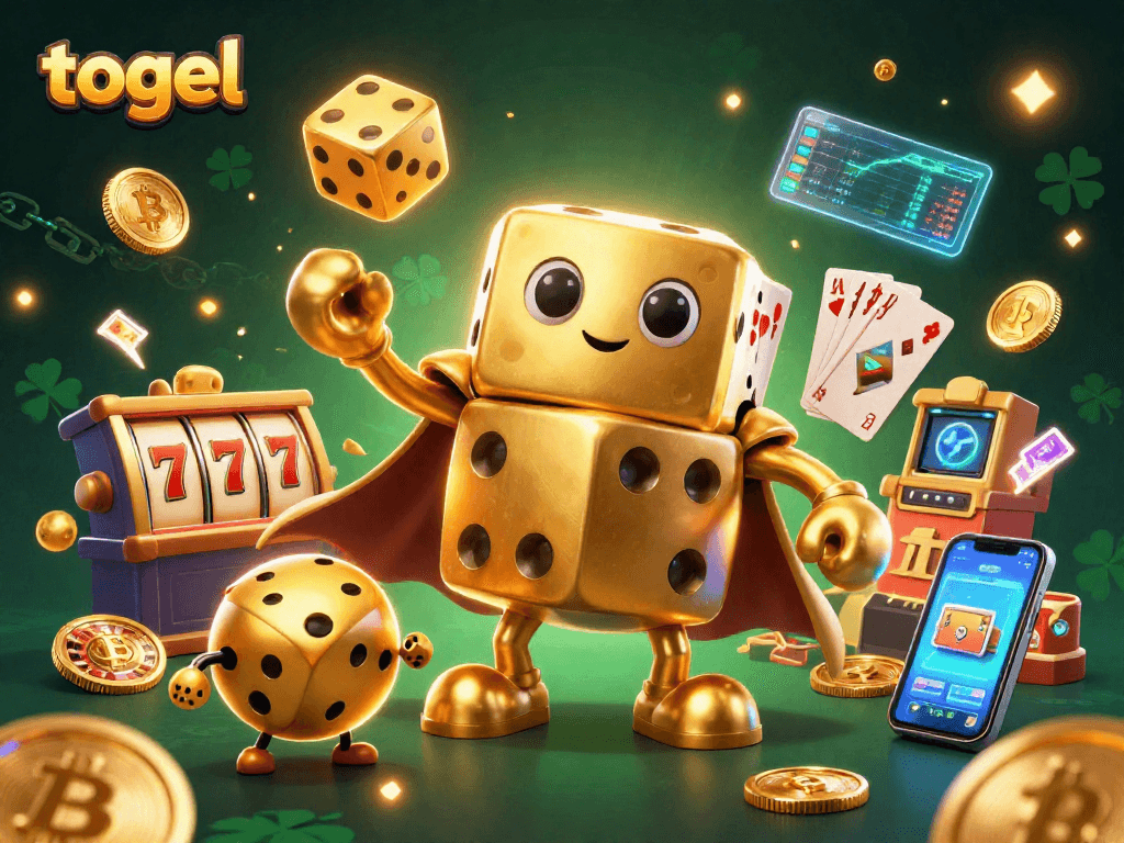 Engaging togel scene featuring a golden dice golem and dynamic slot elements in a vibrant casino setting.