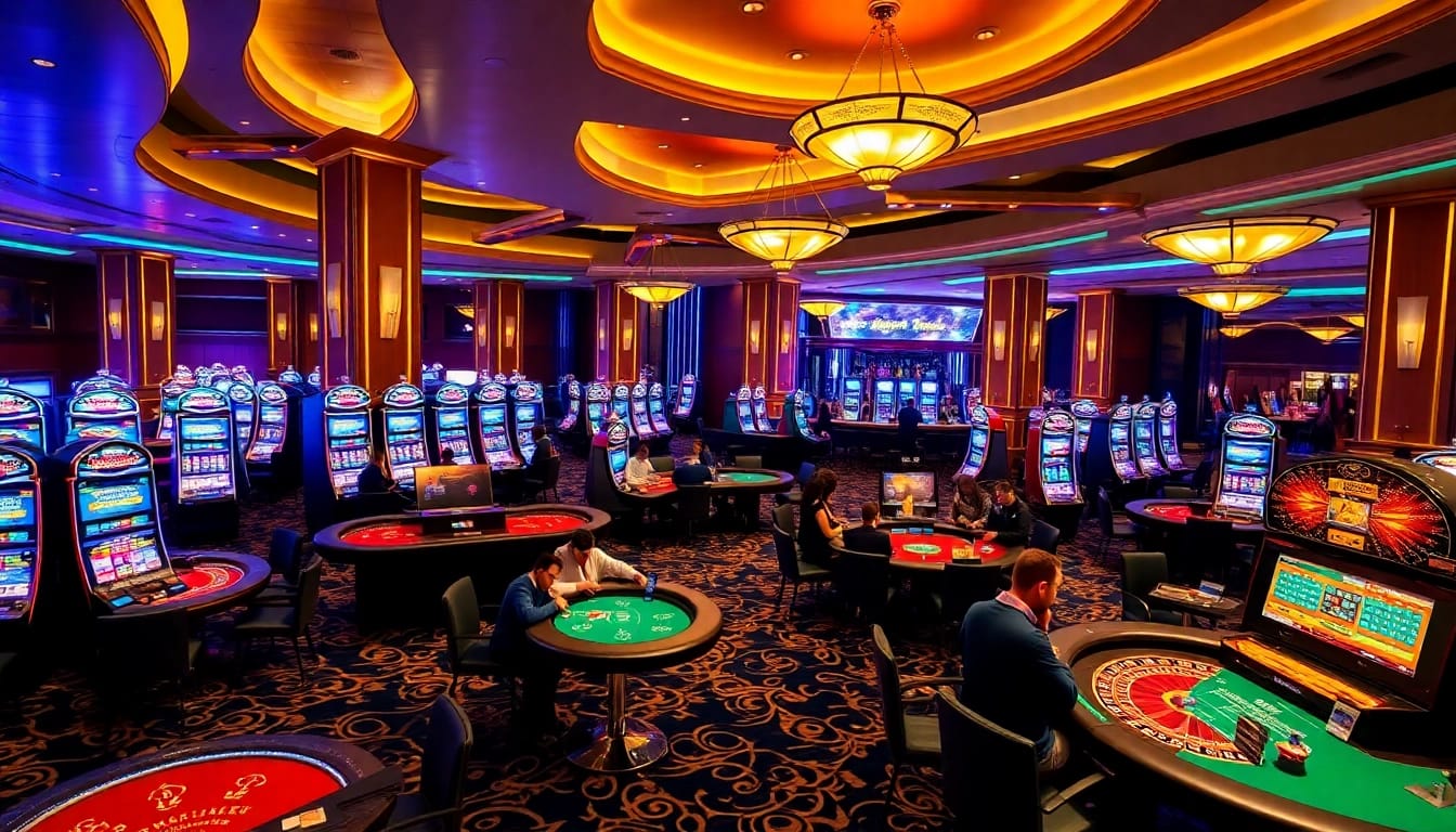KJC gaming floor with vibrant casino tables and elegant slot machines, showcasing excitement.