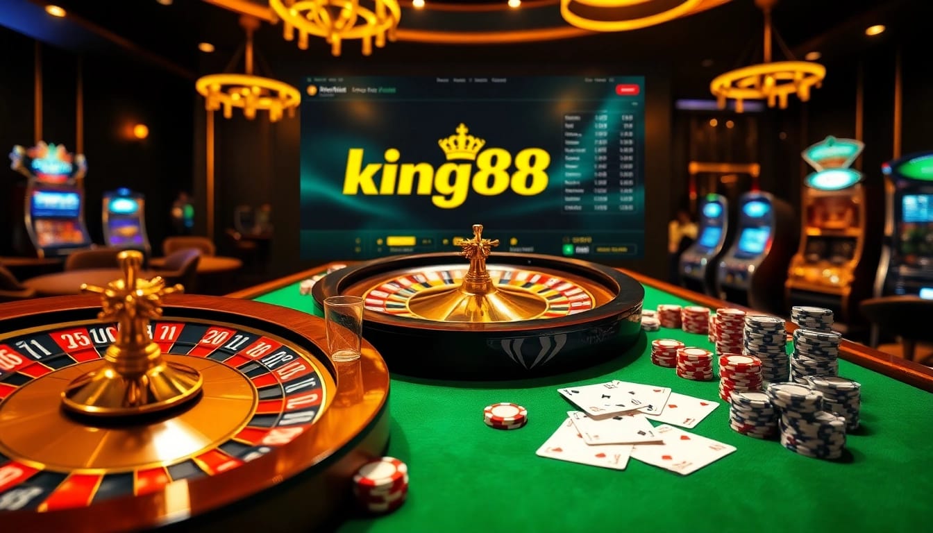 Players enjoy exciting games at king88 casino, featuring roulette wheels and poker chips.