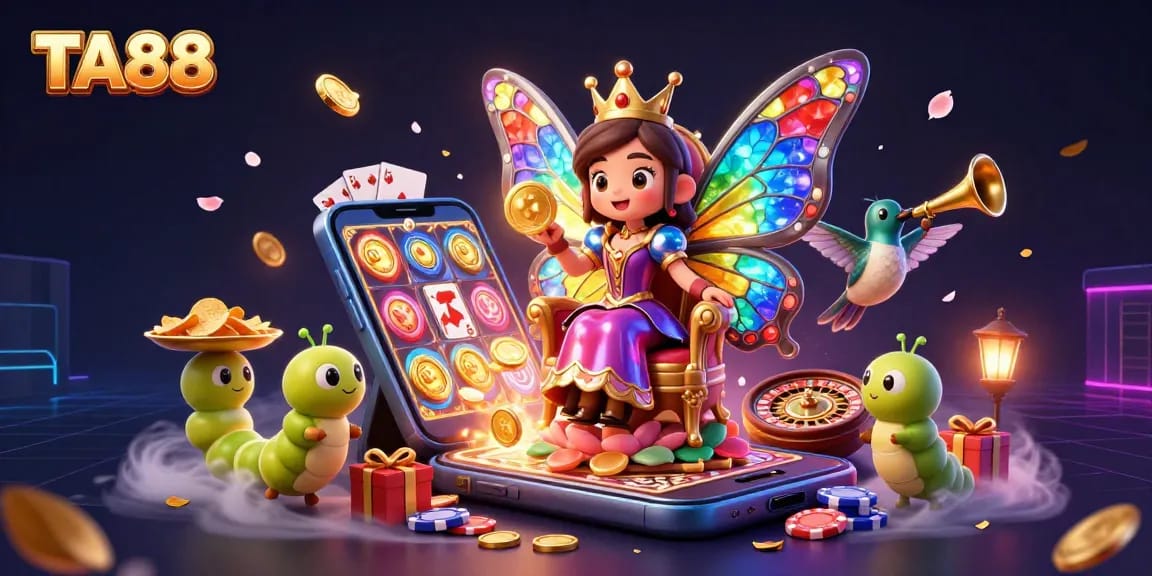 Experience the excitement of TA88 casino with a vibrant, animated butterfly queen and dynamic gaming elements.