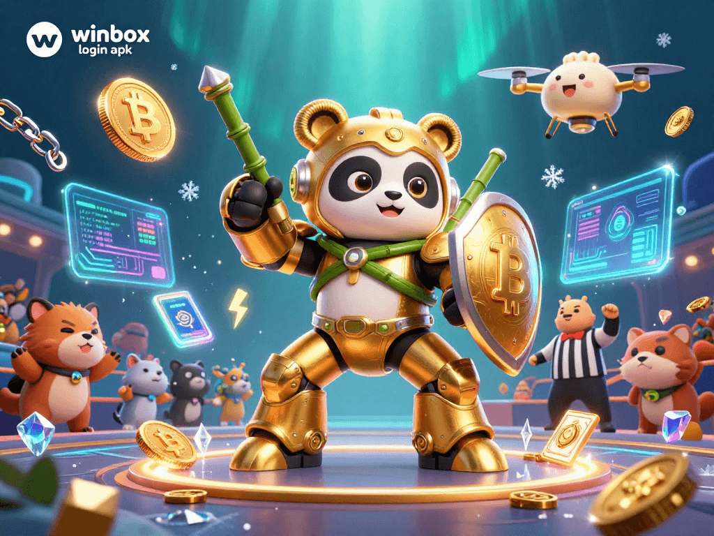 Experience the excitement of winbox login apk with a thrilling 3D casino illustration featuring a mech suit panda.