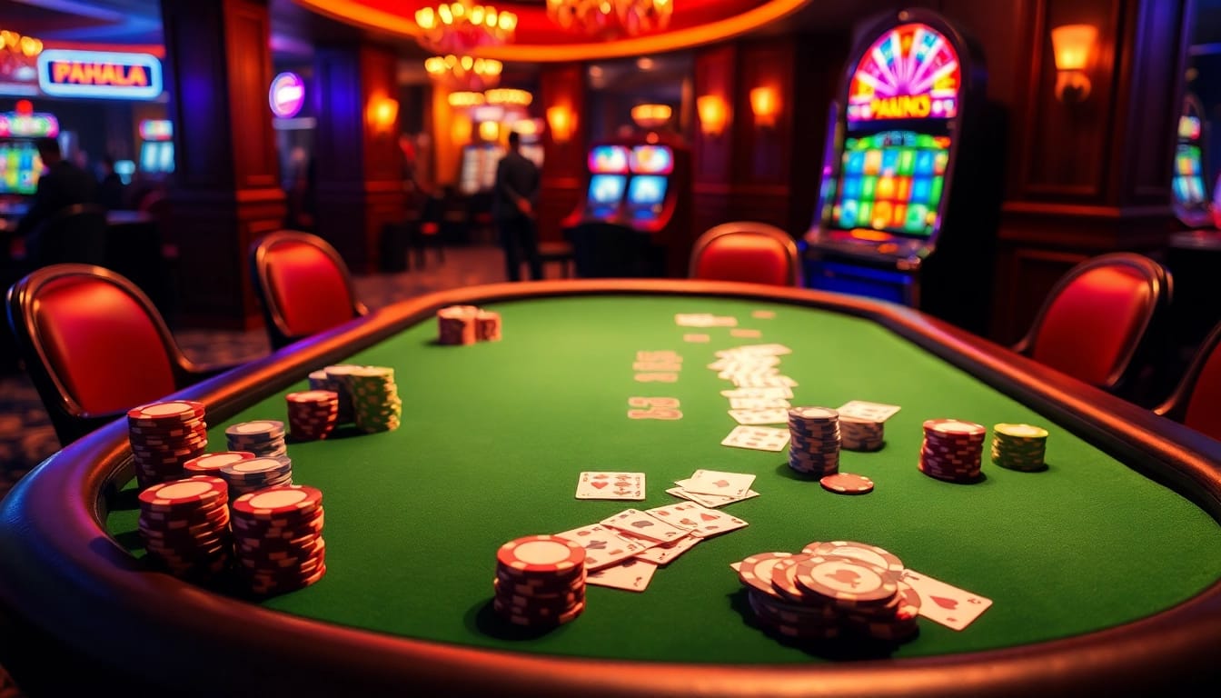 Experience the thrill of gambling with pahala4d at a luxury poker table surrounded by vibrant slot machines.