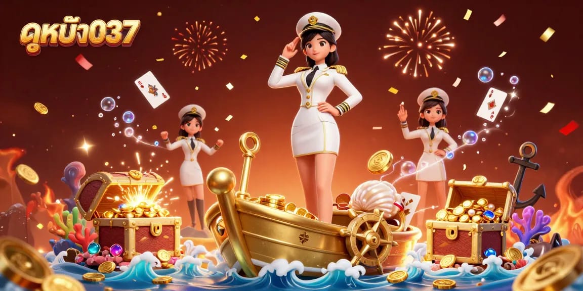 Play the exciting ดูหนัง037 casino adventure with an elegant Asian woman amidst golden treasures and vibrant game elements.