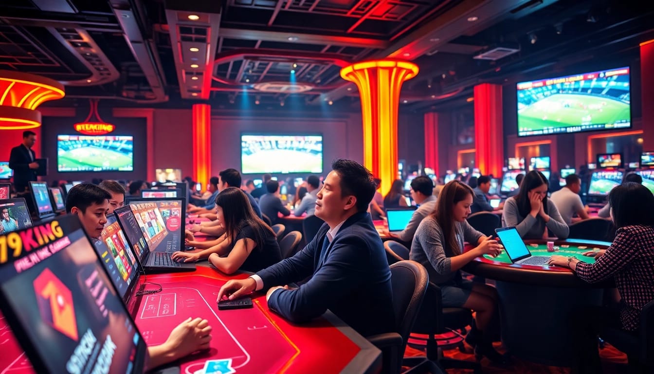 Online betting scene at 79king with diverse players and vibrant atmosphere.