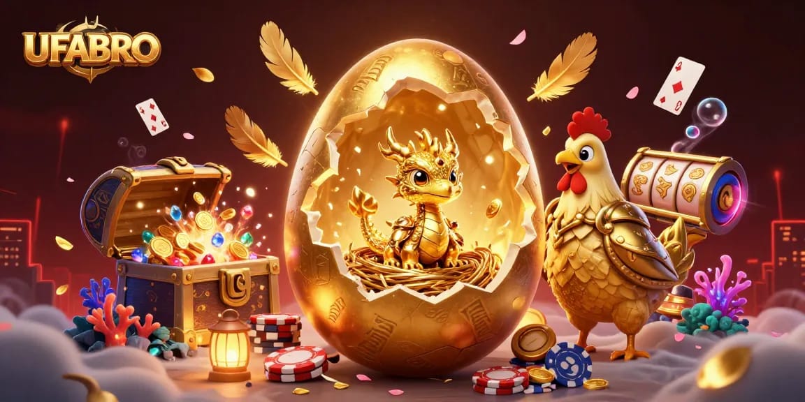 Win big with UFABRO's vibrant online casino adventure featuring gold dragon and poker chips.