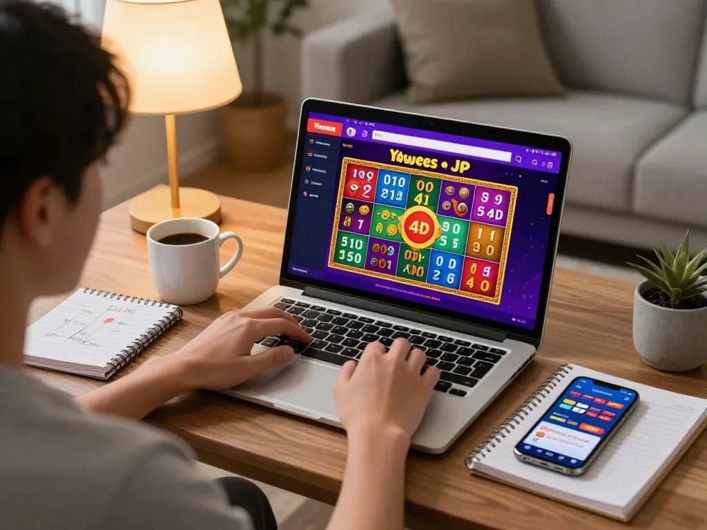 Engaged player at Yowes JP online casino on laptop, showcasing Toto Macau 4D interface in a cozy setting.