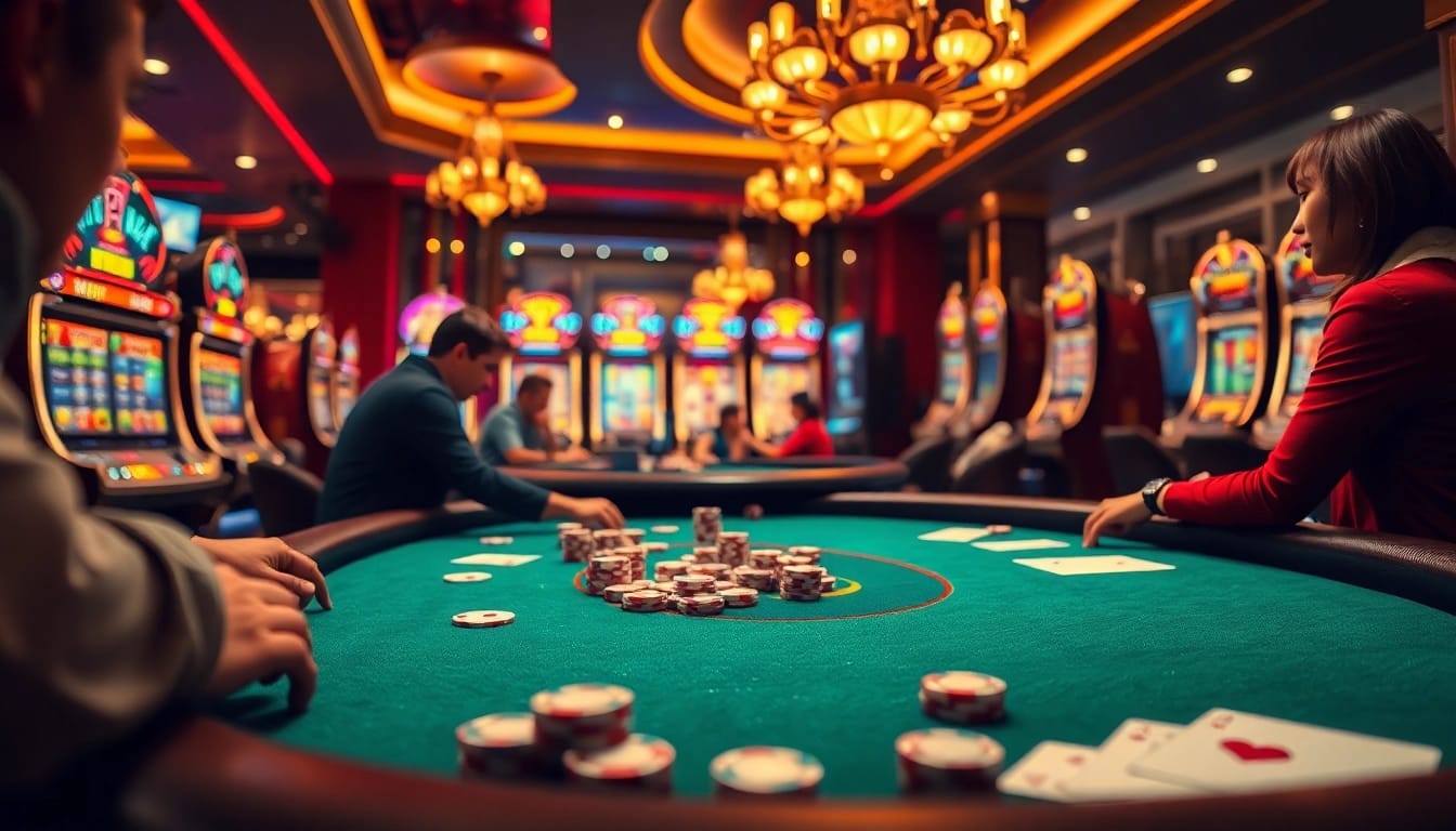 Exciting casino scene showcasing trang chủ bet88 with poker players and colorful slot machines.