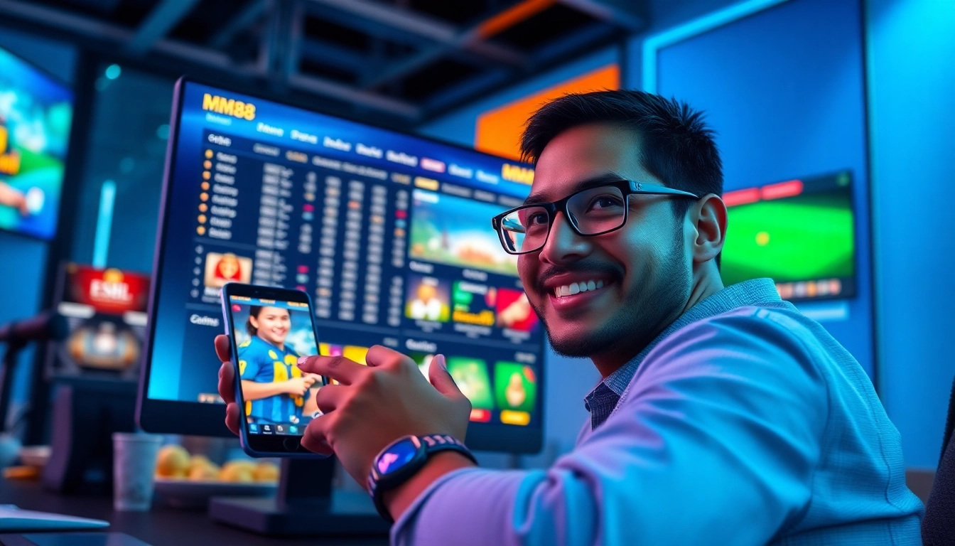 MM88 platform showcasing secure sports betting and casino games on desktop and mobile in a vibrant environment.