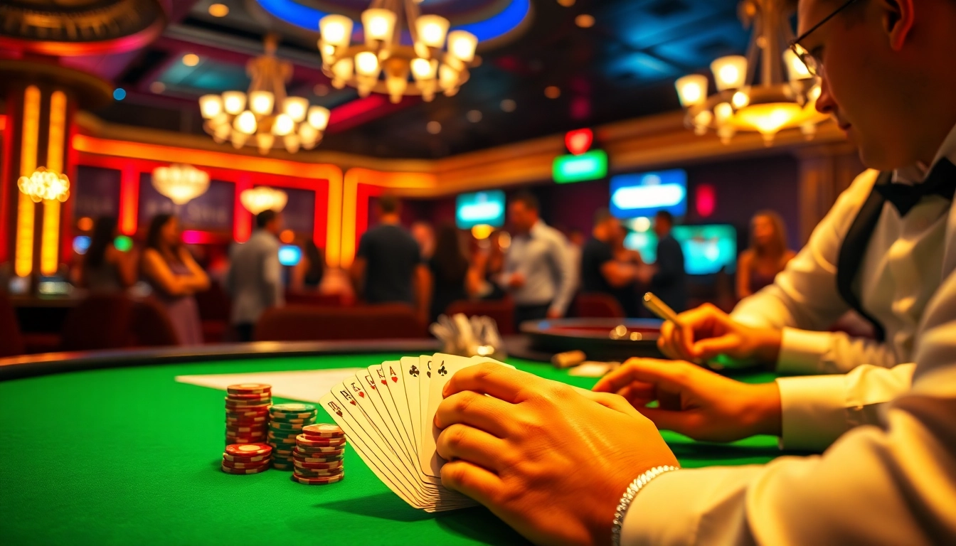 Players strategizing at a poker table in a vibrant casino, embodying the thrill of go8 gaming.