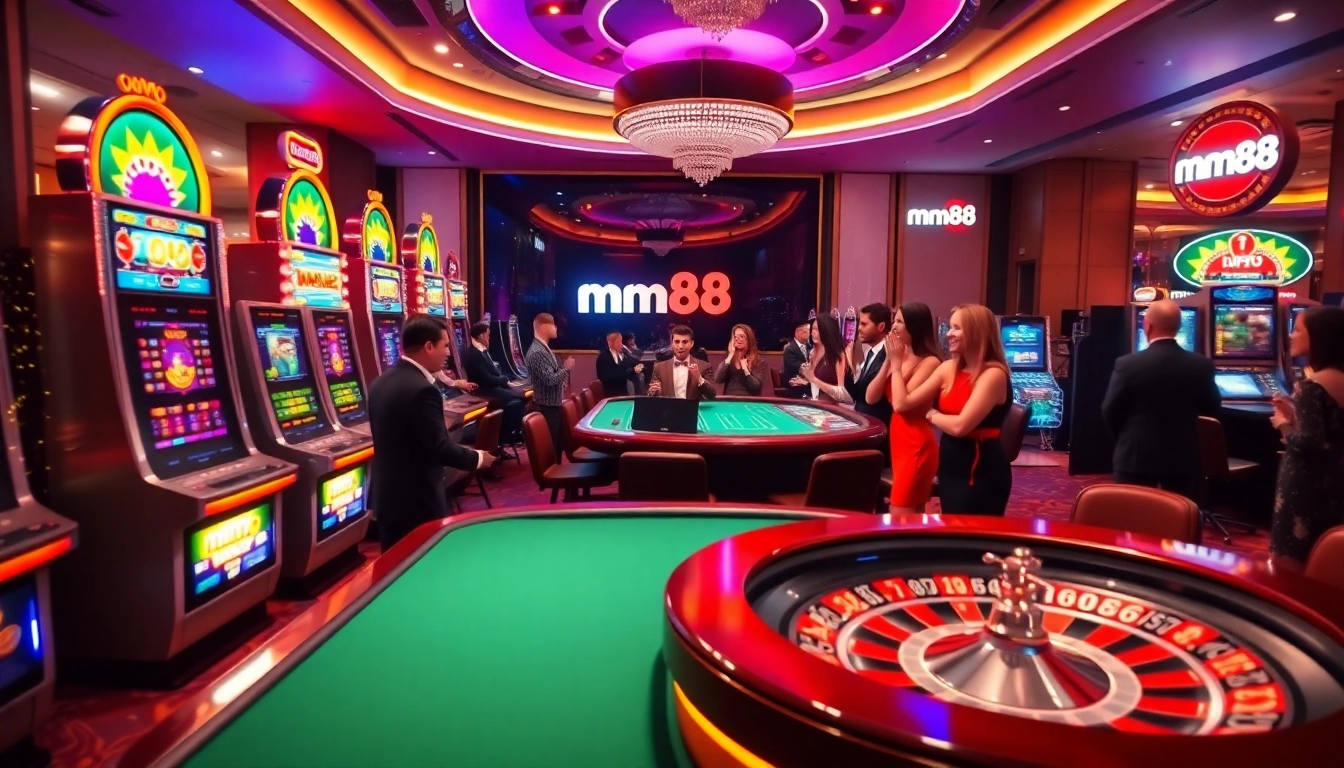Engaged players enjoying an immersive gambling experience at mm88 with vibrant slot machines and poker tables.