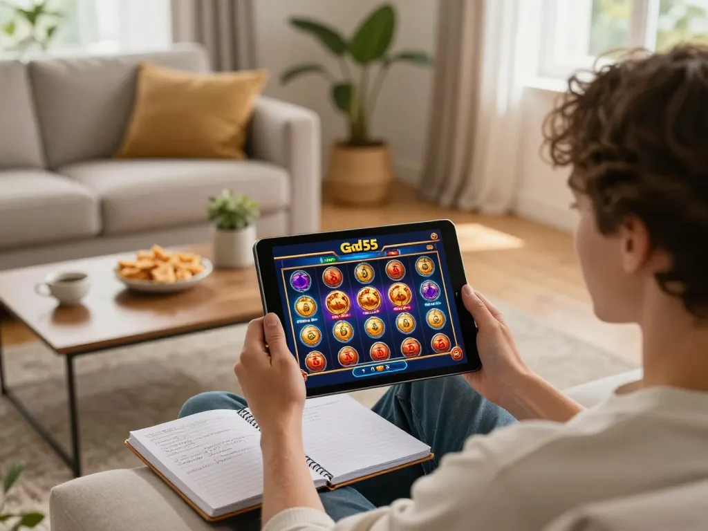 Player engaging with god55 casino app on tablet, showcasing strategic notes and cozy home setup.
