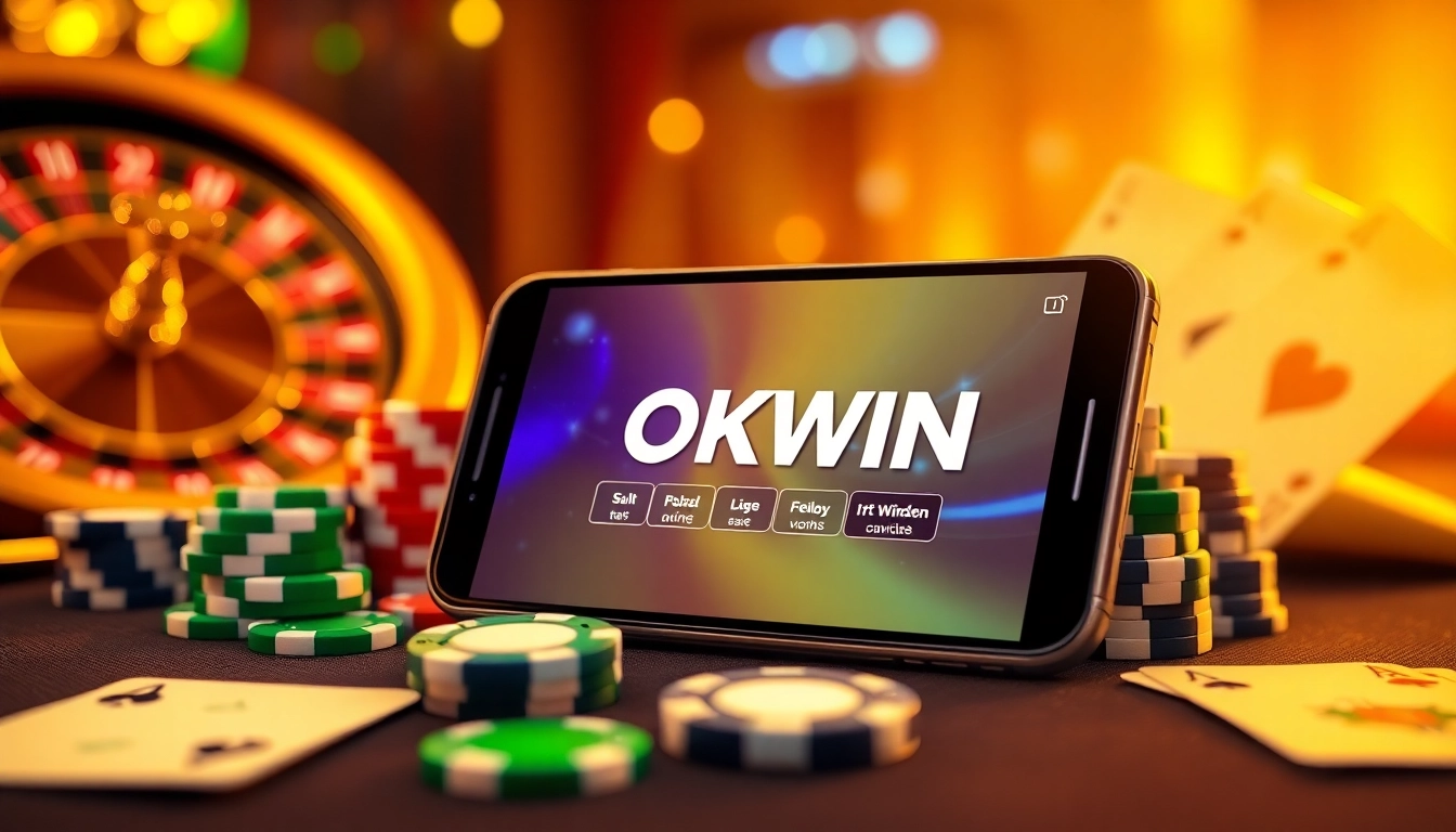Exciting gameplay with the OKWIN app displayed on a smartphone amidst casino elements, enhancing your gaming experience.