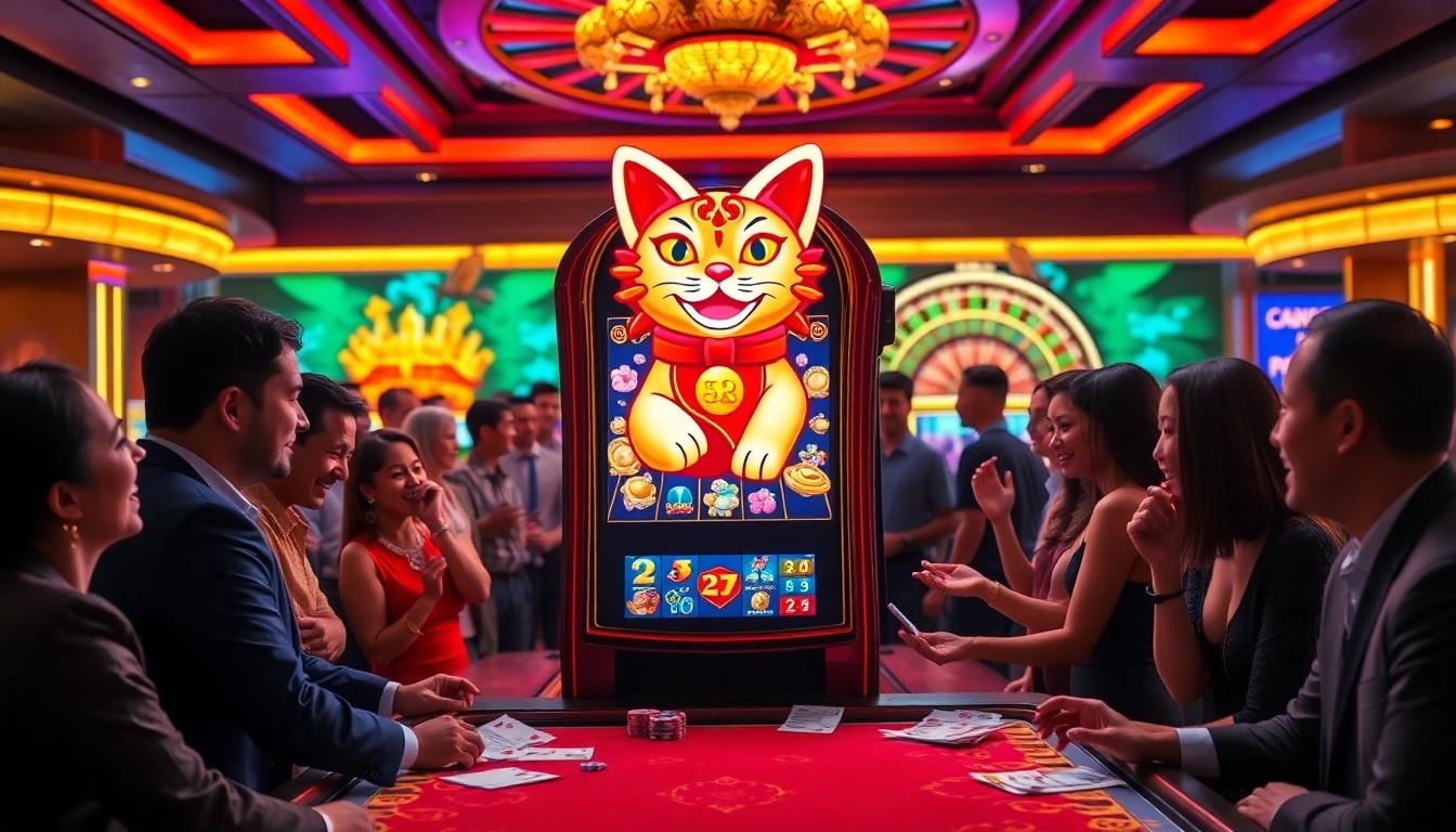 Players enjoying Lucky Neko PG Soft รีวิวเกม slot machine in a vibrant casino atmosphere.