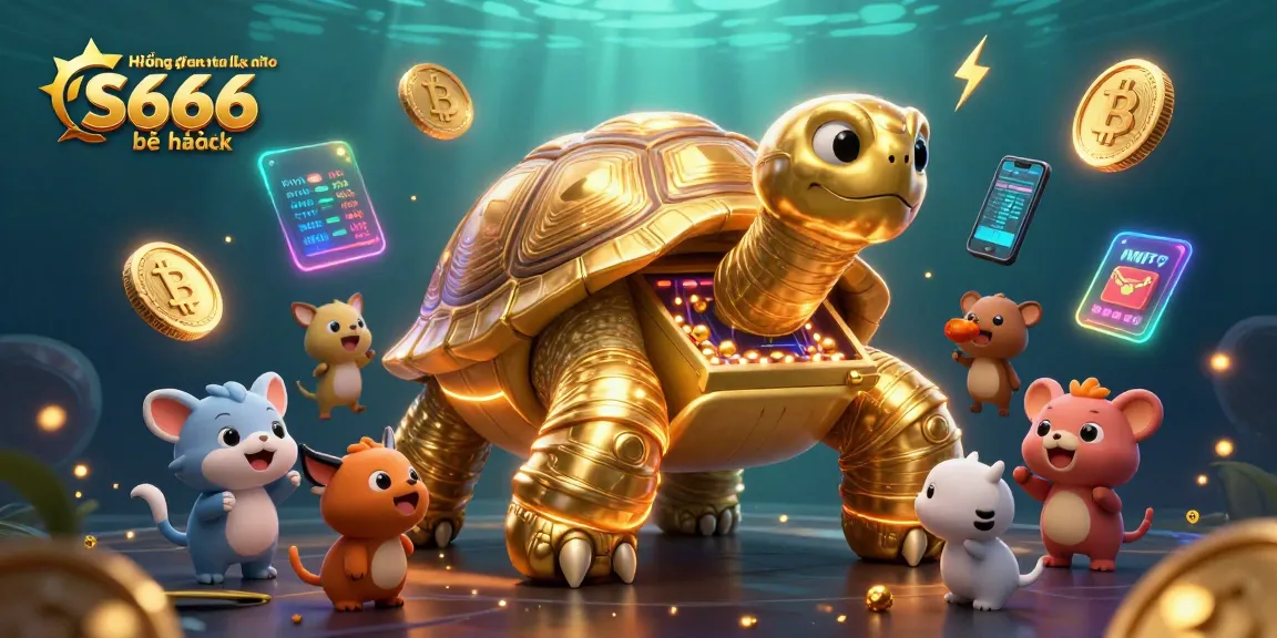 Hướng dẫn truy cập link vào S666 bị chặn showcases a vibrant casino scene with a towering tortoise pinball machine amid crypto coins.
