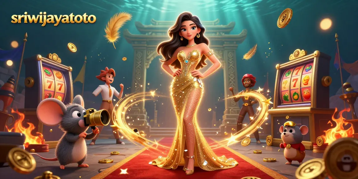Sriwijayatoto spins exciting slot reels amid a glamorous casino-themed scene filled with gold coins.