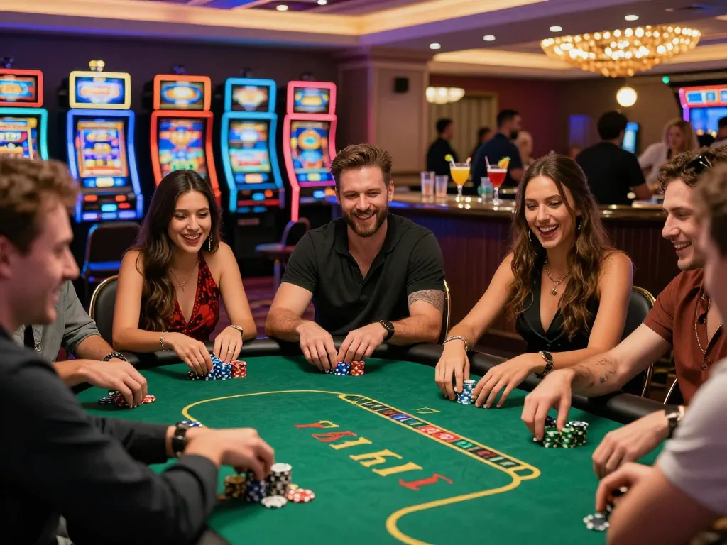 Friends enjoying a lively poker game at bong99 casino, vibrant atmosphere with colorful slot machines.