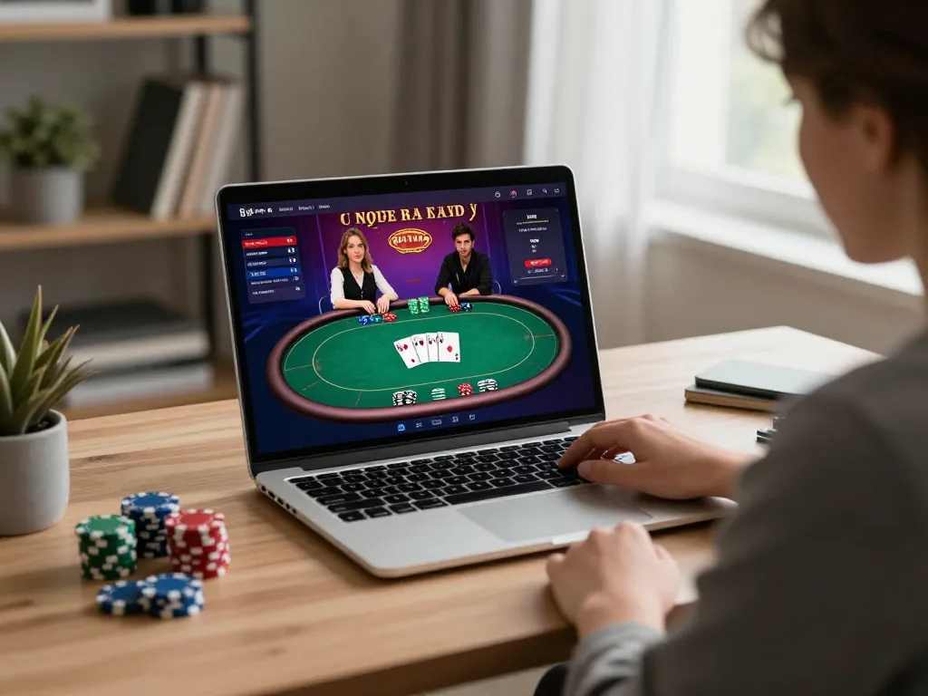 Player engaging with F8 BET online poker on a laptop in a cozy home setting.