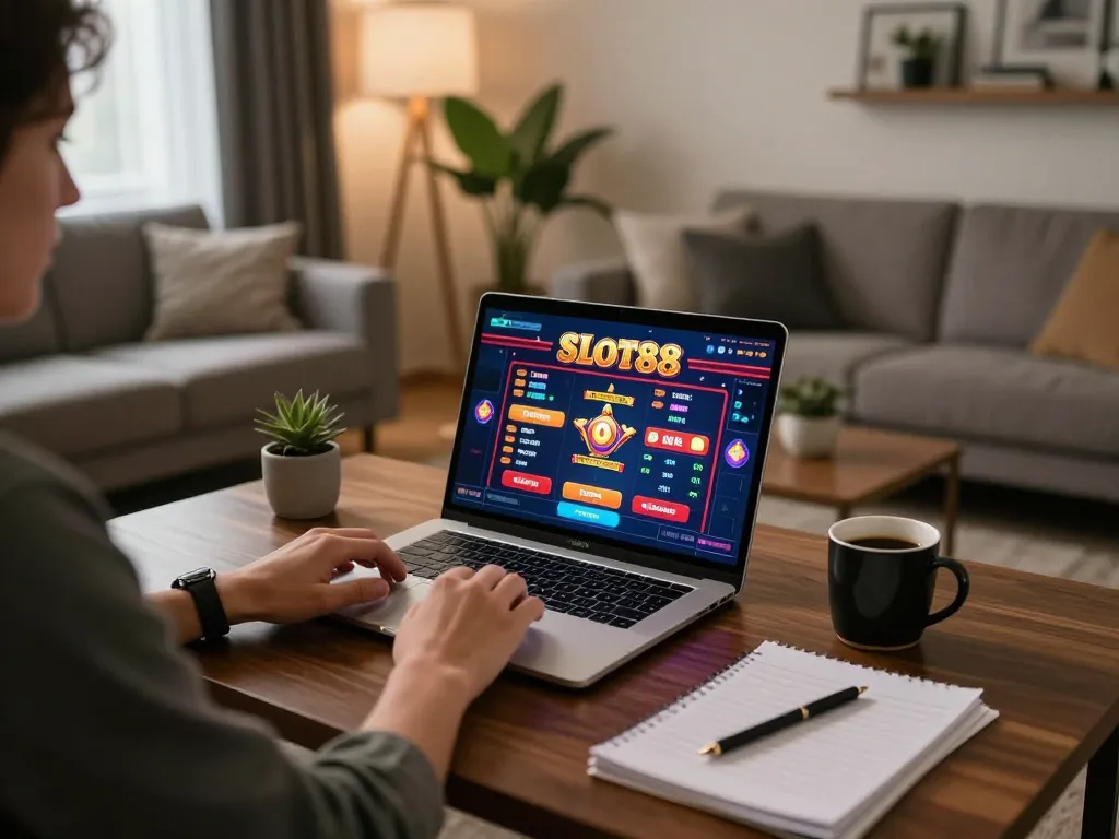 Engaging gameplay of Slot88 showcased on a laptop in a cozy home setting with strategic notes present