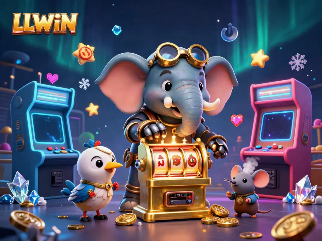 Engage with the vibrant casino world of LLWIN featuring an innovative steampunk elephant engineer at a slot machine.