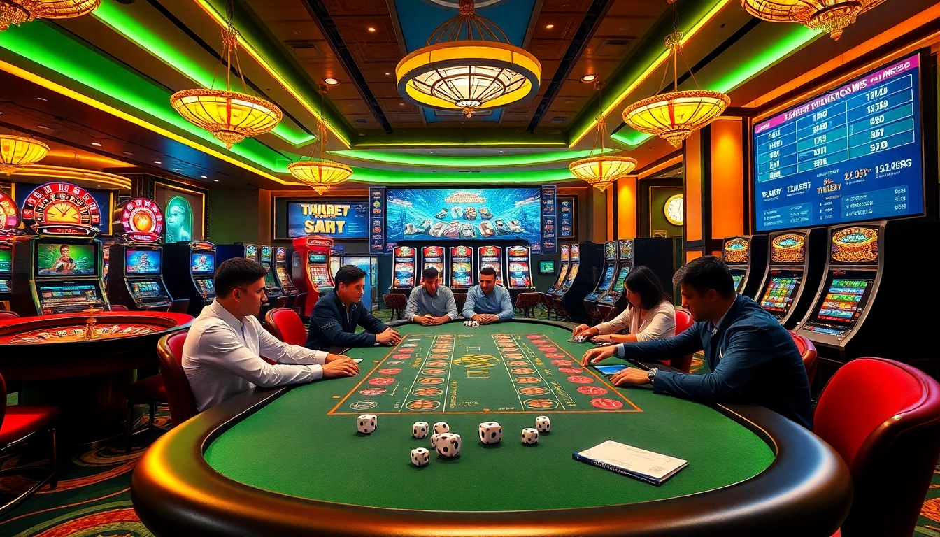 Players enjoying an exciting poker game at THABET's vibrant casino tables.
