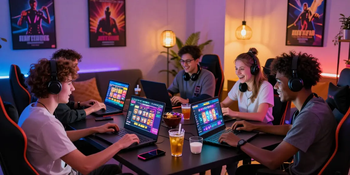 Excited group enjoying new UK slot sites while gaming together, illuminated by colorful lights.
