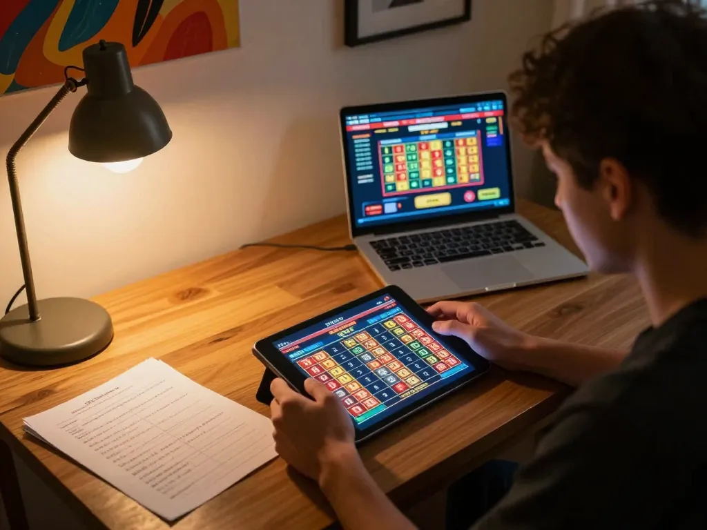 Menempatkan taruhan pada toto togel selama sesi perjudian online yang menarik, dengan suasana nyaman dan dekorasi yang vibrant.