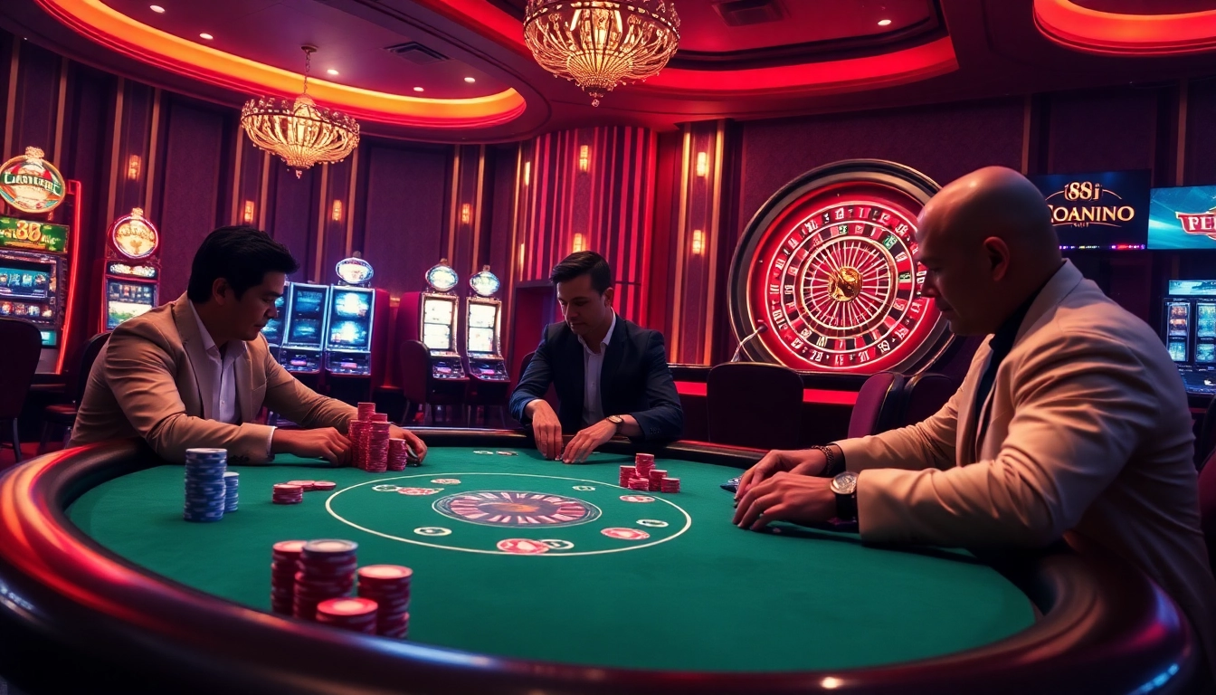 Exciting gameplay at 88i gaming table featuring vibrant casino elements and professional gamblers.