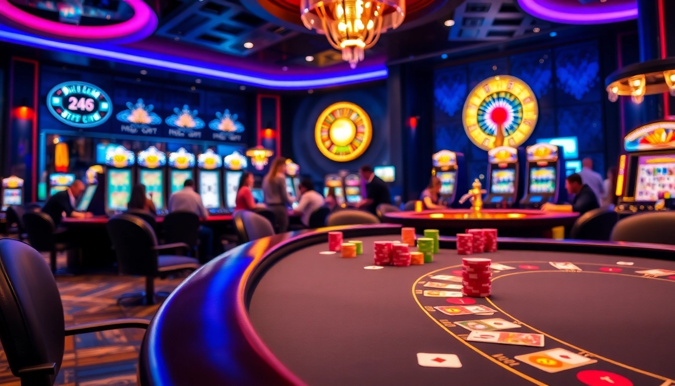 Tham gia vào trải nghiệm chơi đầy kịch tính tại 24kclub với hình ảnh casino sống động thể hiện bàn poker và máy đánh bạc.