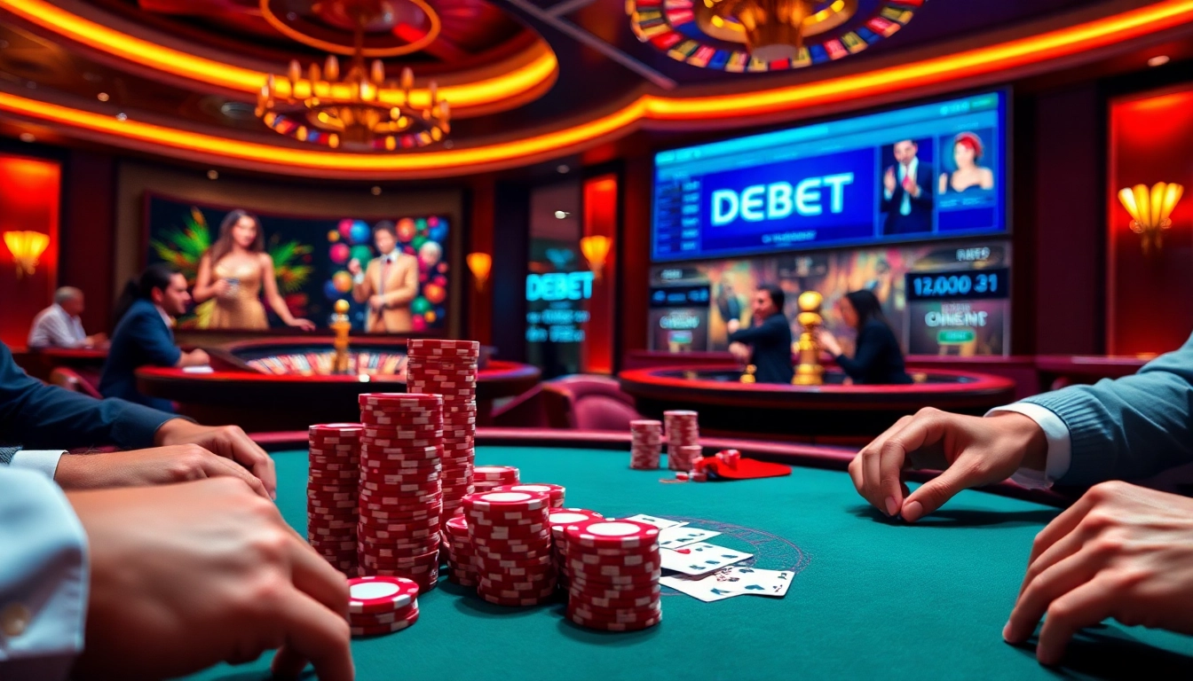 Players engaging in a high-stakes poker game at DEBET's luxury casino.