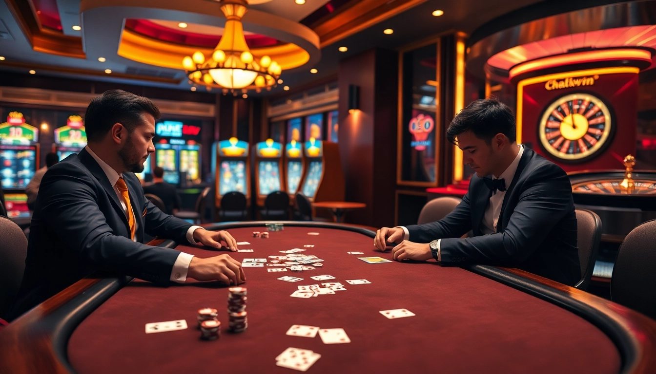 Adegan permainan poker yang mendebarkan di kasino bergaya yang menampilkan Datukwin dan pemain taruhan tinggi.